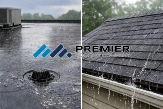Flat roof and shingle roof side-by-side comparison by Premier Roofing