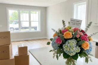 Fresh flowers delivered to a new home with moving boxes inside, showing a thoughtful long-distance real estate gift.
