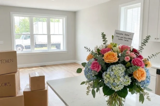 Fresh flowers delivered to a new home with moving boxes inside, showing a thoughtful long-distance real estate gift.