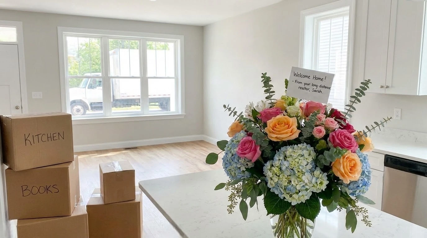 Fresh flowers delivered to a new home with moving boxes inside, showing a thoughtful long-distance real estate gift.