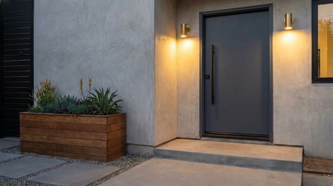 Modern front entry with painted door, updated hardware, and warm exterior lighting
