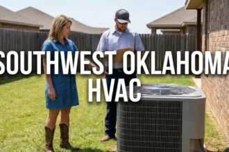 Homeowner discussing HVAC replacement options with an experienced installer in Southwest Oklahoma