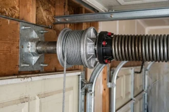 Garage door cable and spring system close-up