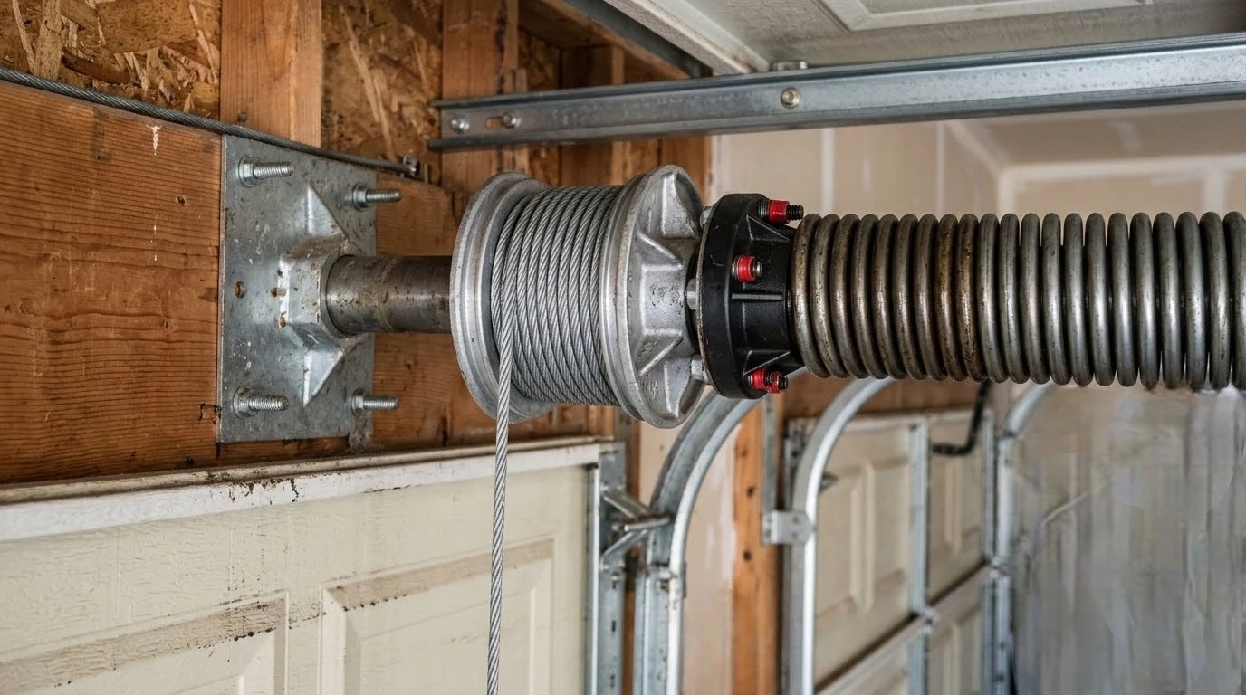 Garage door cable and spring system close-up
