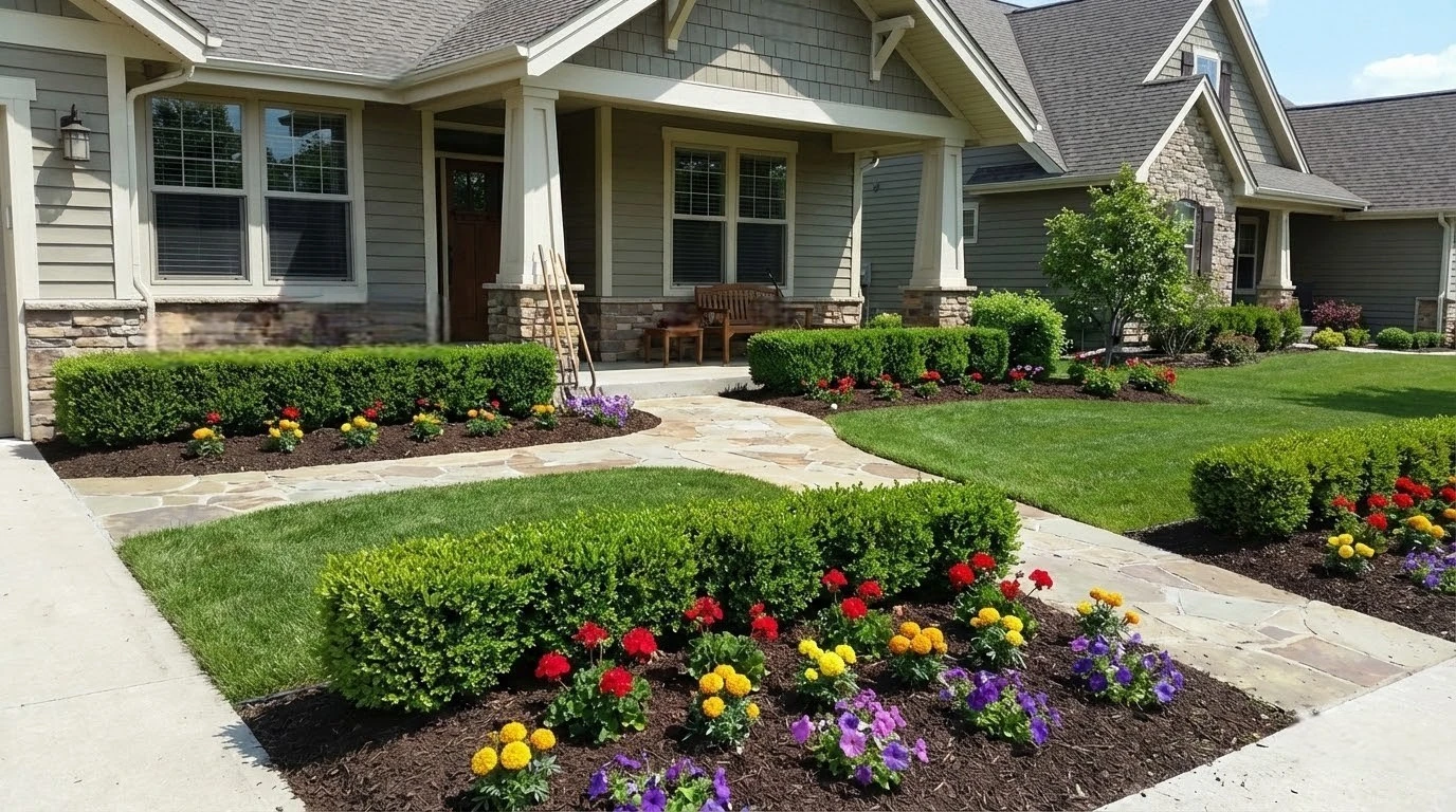 Fresh landscaping with trimmed hedges, mulch beds, and seasonal flowers in front of a home