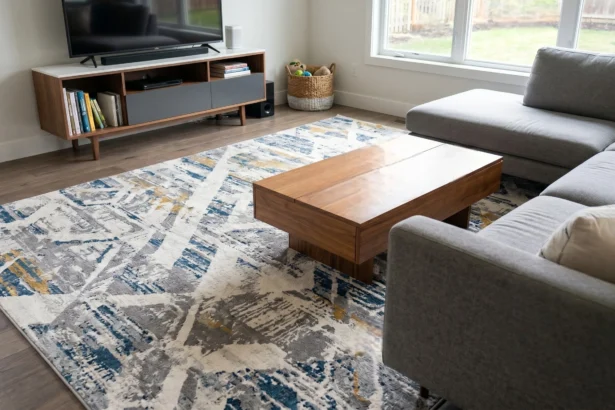 Machine washable rug in a family living room