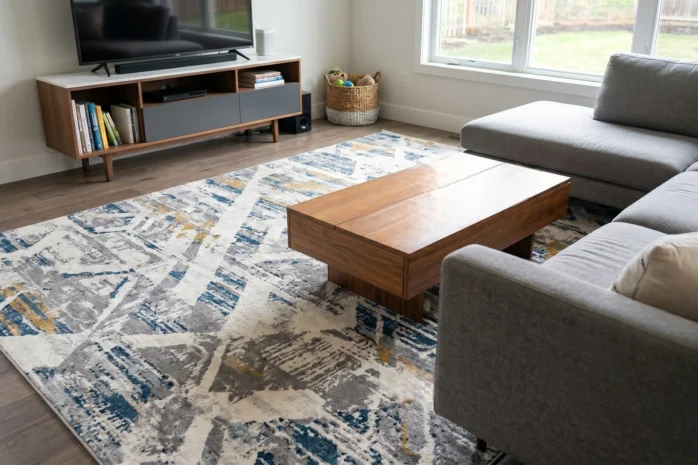 Machine washable rug in a family living room