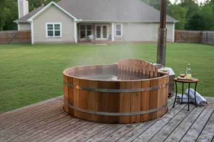 Cedar barrel hot tub in a natural backyard setting