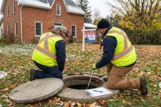 Licensed septic inspector checking a system before a home purchase in Ontario