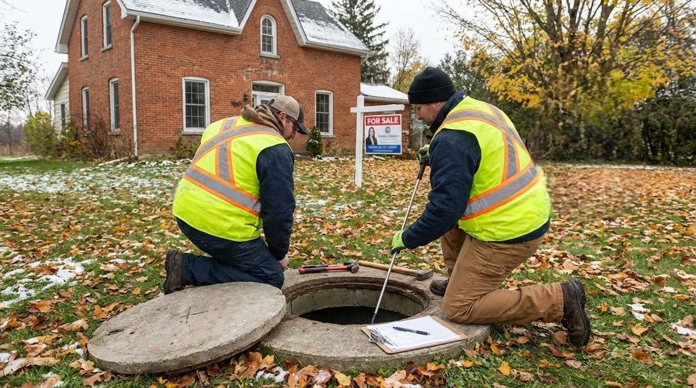 Licensed septic inspector checking a system before a home purchase in Ontario