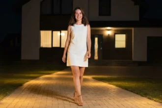 Tenant walking on a lit rental property pathway