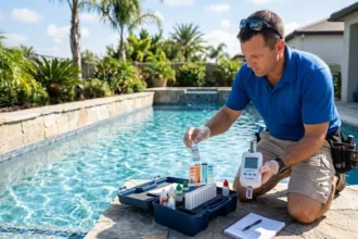 Pool technician testing chlorine and water chemistry levels