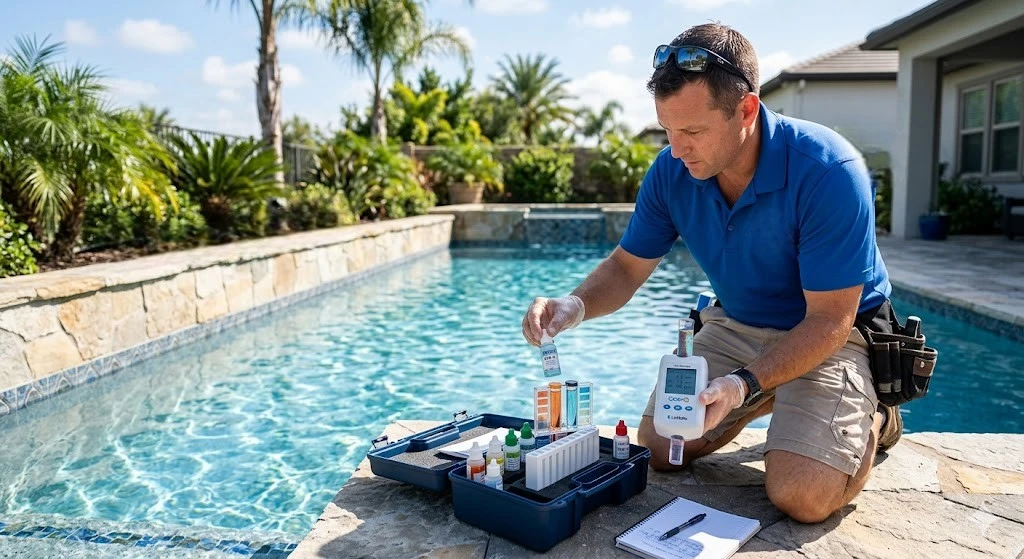 Pool technician testing chlorine and water chemistry levels