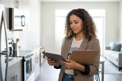 Property manager checking rental property performance and inspection details