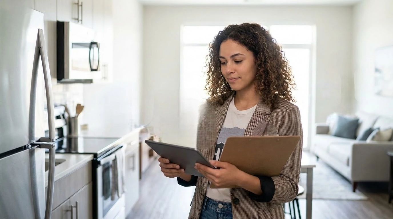 Property manager checking rental property performance and inspection details