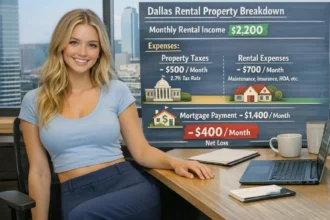 Real estate investor reviewing cash flow, taxes, and rental expenses at a desk in Dallas