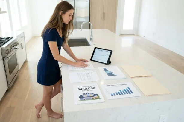 Home seller reviewing pricing documents before listing a property