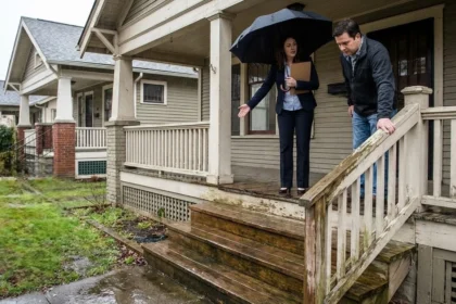 Wet porch steps and railing creating a fall risk at a home showing