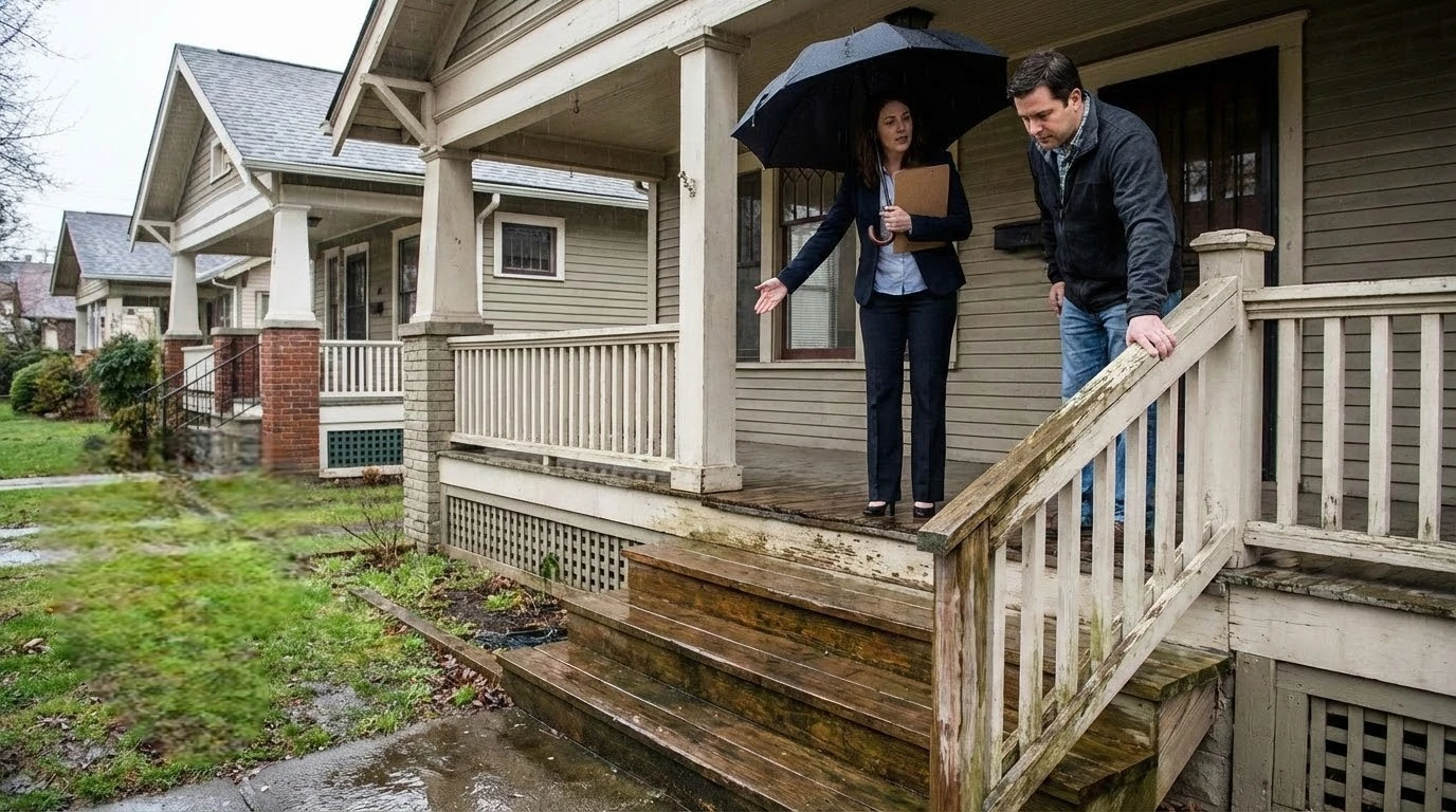 Wet porch steps and railing creating a fall risk at a home showing