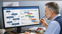 Real estate planner reviewing task dependencies and project phases in CPM software