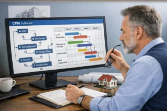 Real estate planner reviewing task dependencies and project phases in CPM software