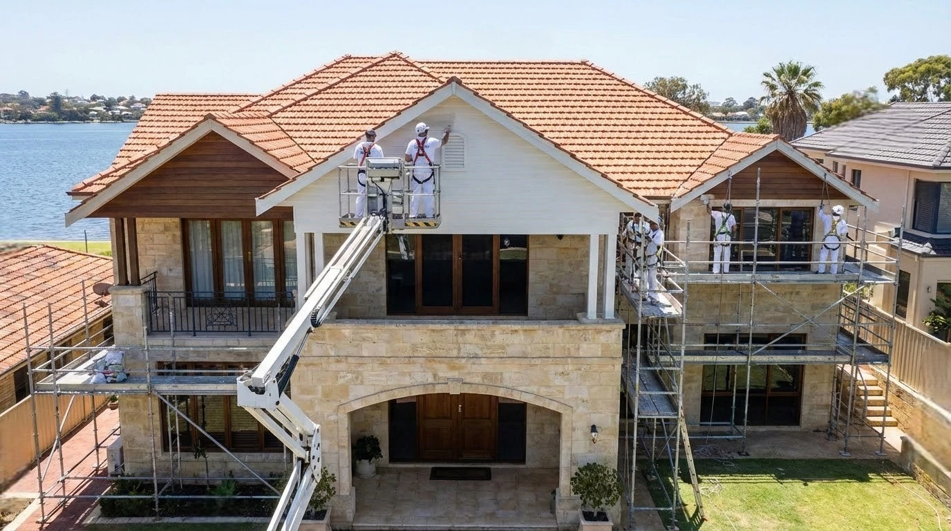 Professional painters working on a large Perth home with high walls and hard-to-reach areas