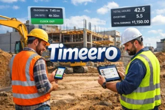 Construction crew using GPS time-tracking apps and payroll dashboard on an active jobsite