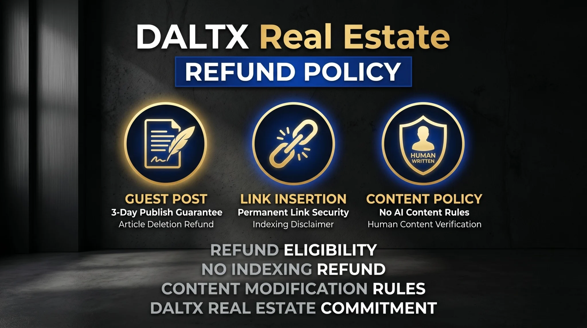 DALTX Real Estate refund policy for guest posts and link insertions