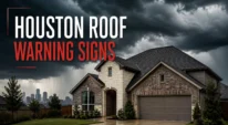 Houston home roof under storm clouds before repair