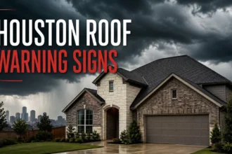 Houston home roof under storm clouds before repair