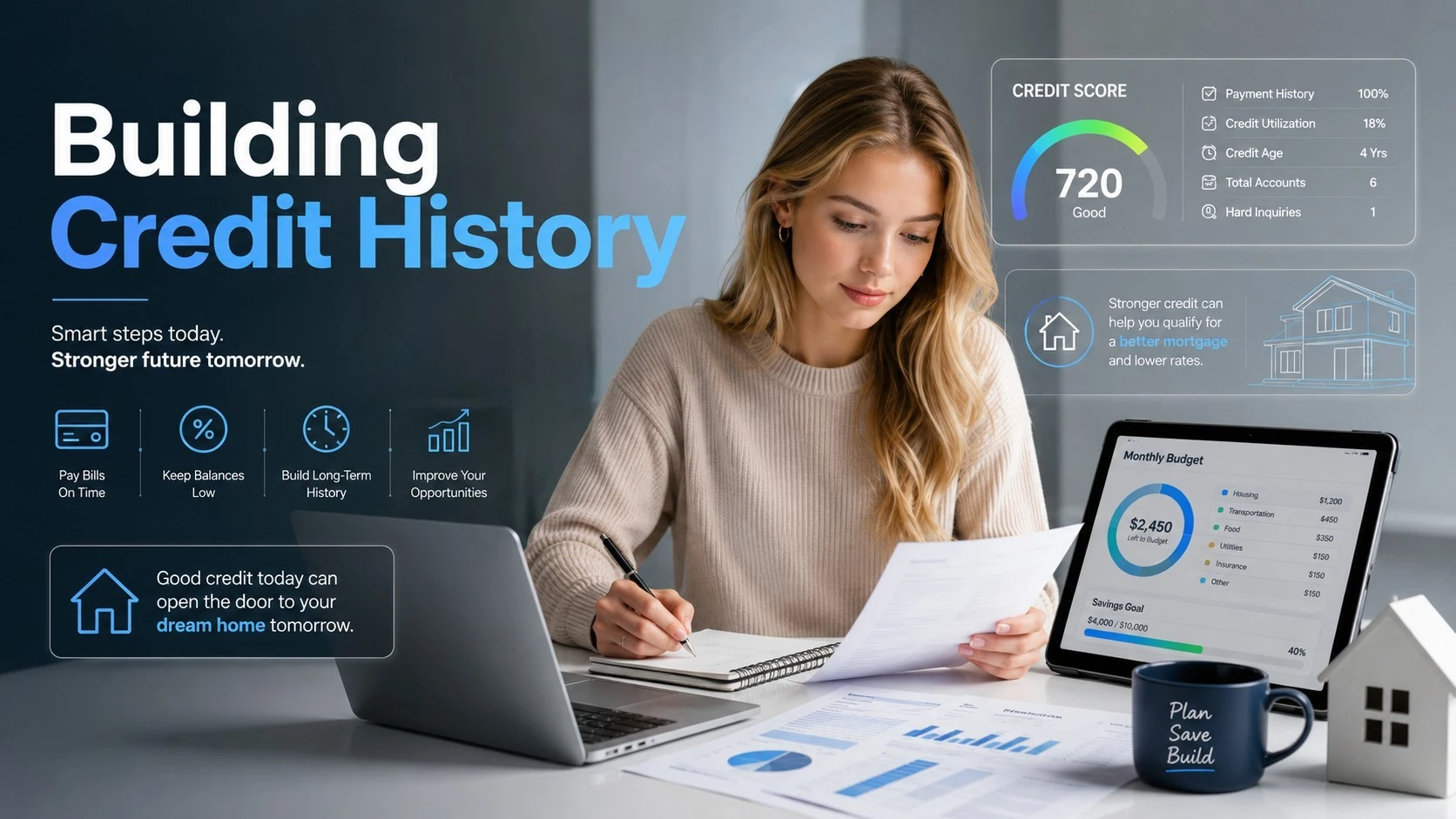 A girl reviewing credit history and budgeting to improve mortgage approval chances