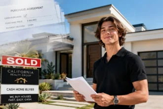 Cash home buyer documents beside a California sold sign