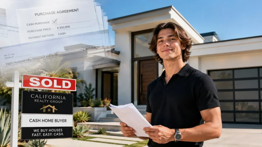 Cash home buyer documents beside a California sold sign