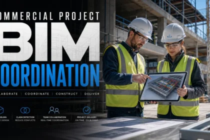 Commercial project team reviewing BIM coordination model at a construction site