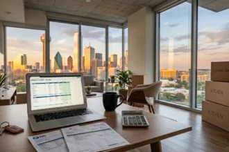 Dallas cost of living budget with skyline and apartment planning desk