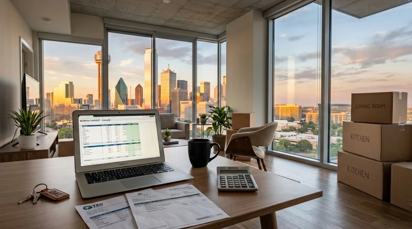 Dallas cost of living budget with skyline and apartment planning desk