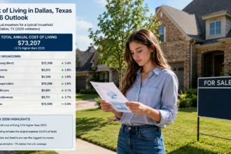 Dallas homebuyers reviewing cost-of-living expenses near a residential home