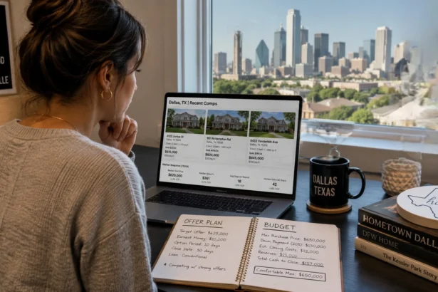 Dallas homebuyers reviewing local comps and budget notes before making an offer
