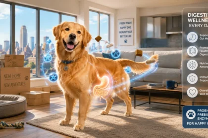 An illustration of a dog with an overlay of digestive supplements in a new apartment