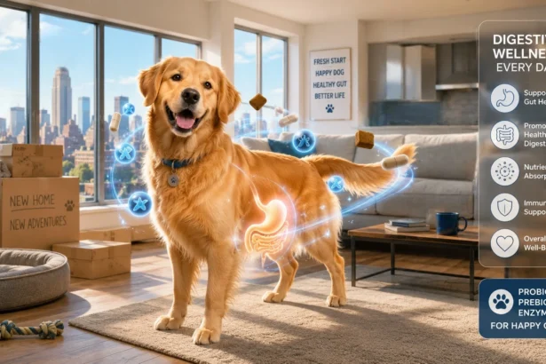 An illustration of a dog with an overlay of digestive supplements in a new apartment