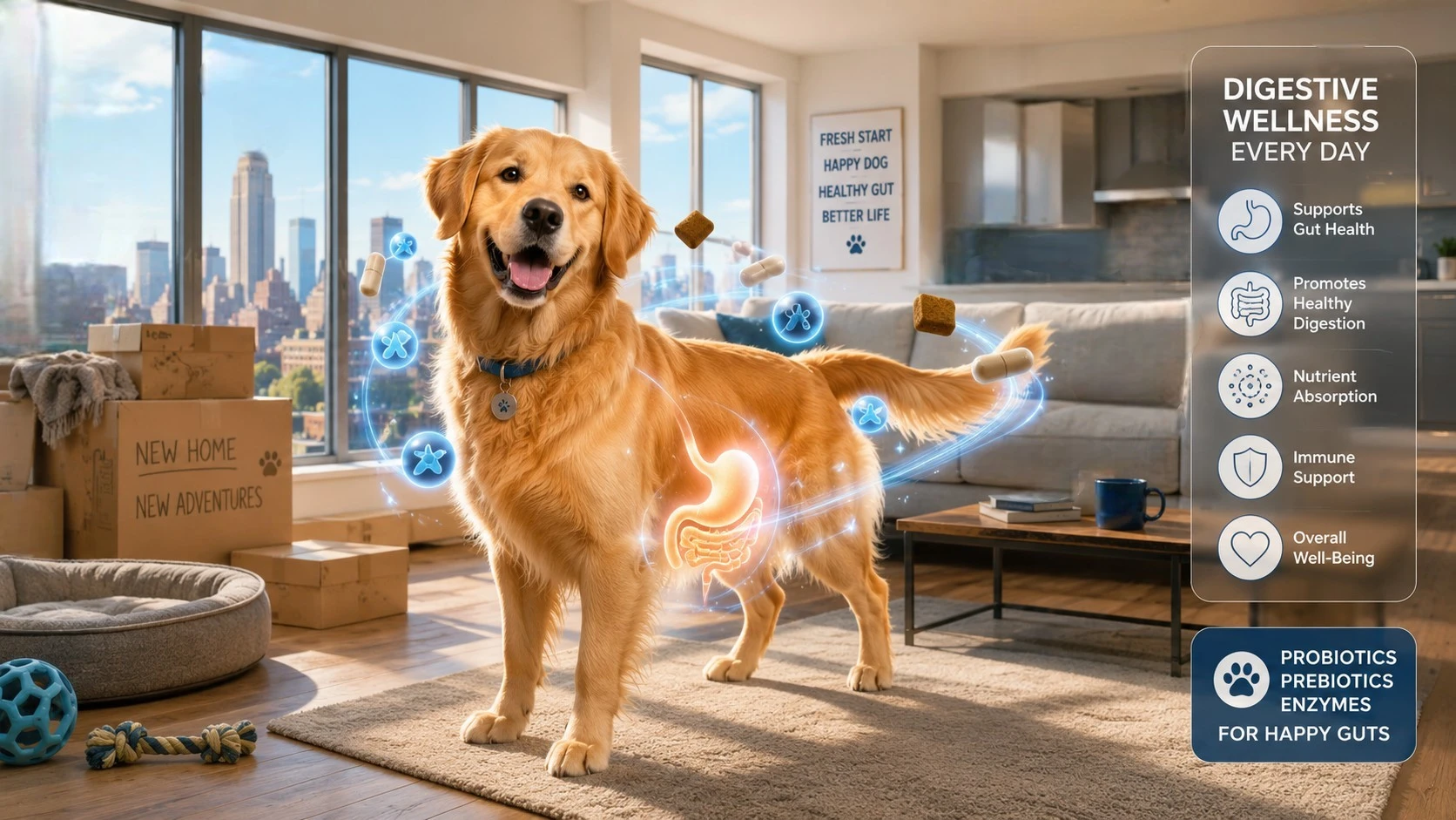 An illustration of a dog with an overlay of digestive supplements in a new apartment