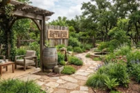 Eco-friendly backyard retreat with reclaimed wood, native plants, stone paths, and rainwater collection