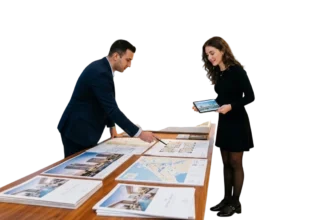 First-time investor reviewing pre-construction Dubai property plans in a modern sales gallery