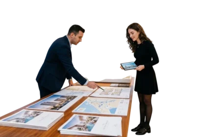 First-time investor reviewing pre-construction Dubai property plans in a modern sales gallery