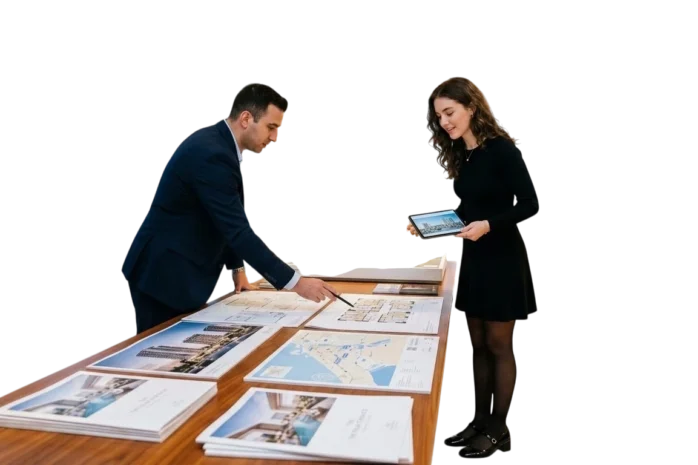 First-time investor reviewing pre-construction Dubai property plans in a modern sales gallery