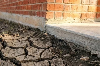 Cracked clay soil near a North Texas home foundation