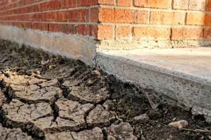 Cracked clay soil near a North Texas home foundation