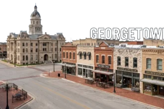 Historic downtown square in Georgetown TX with courthouse and shops