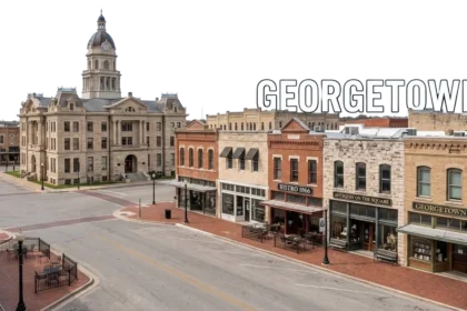 Historic downtown square in Georgetown TX with courthouse and shops