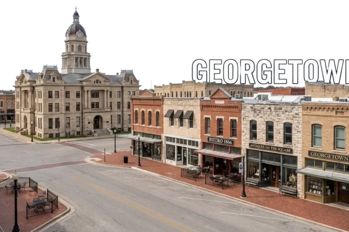 Historic downtown square in Georgetown TX with courthouse and shops